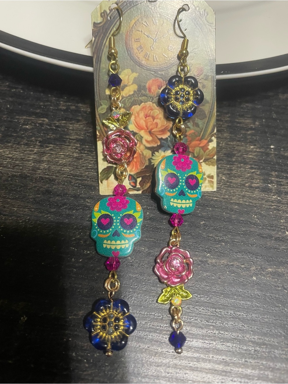 Teal Sugar Skull Dangle Earrings with Pink & Blue Floral Accents Hand Crafted